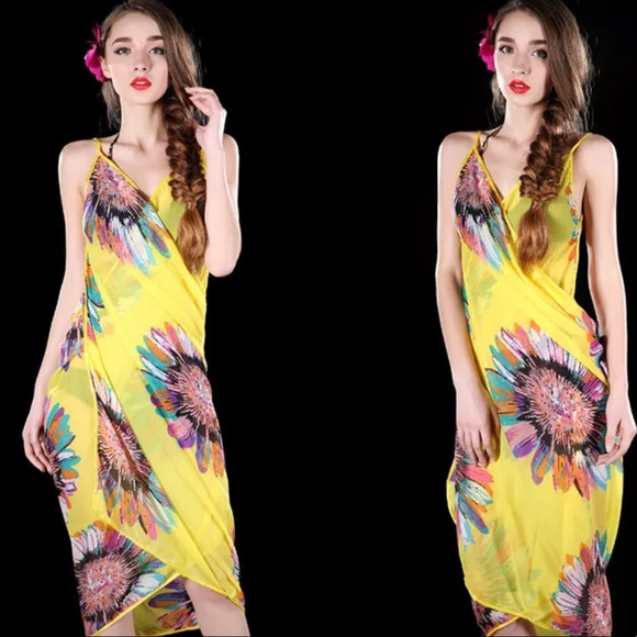 NWOT Yellow Floral Scarf Sarong Wrap Swim Cover - Picture 2 of 5